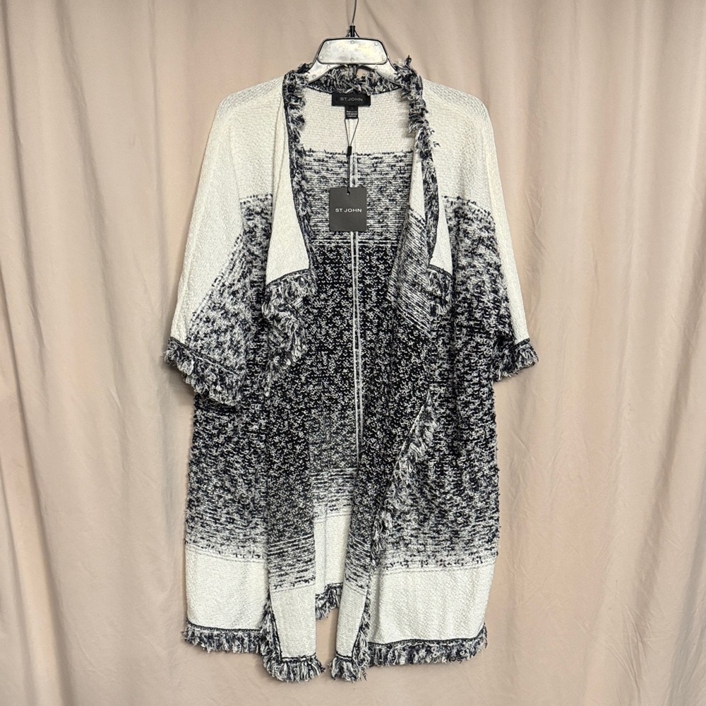 St. John Tweed  Fringe Open front Cardigan, Size L, Color Caviar/Blanco